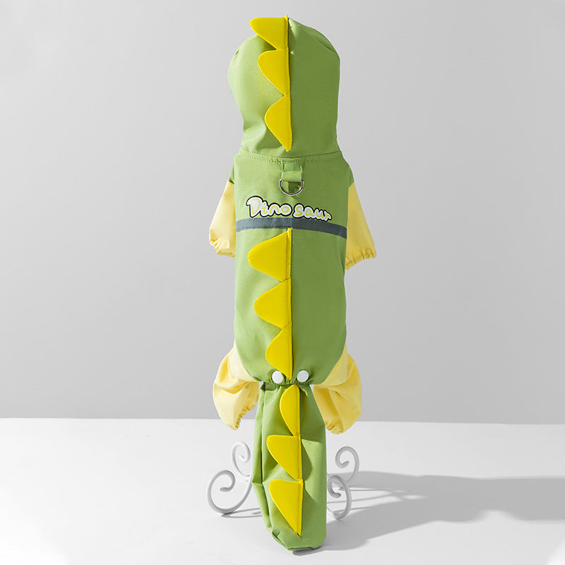 Rainy day four-legged waterproof 3D dinosaur tail dog Teddy dog raincoat medium and large dog Golden Retriever pet raincoat