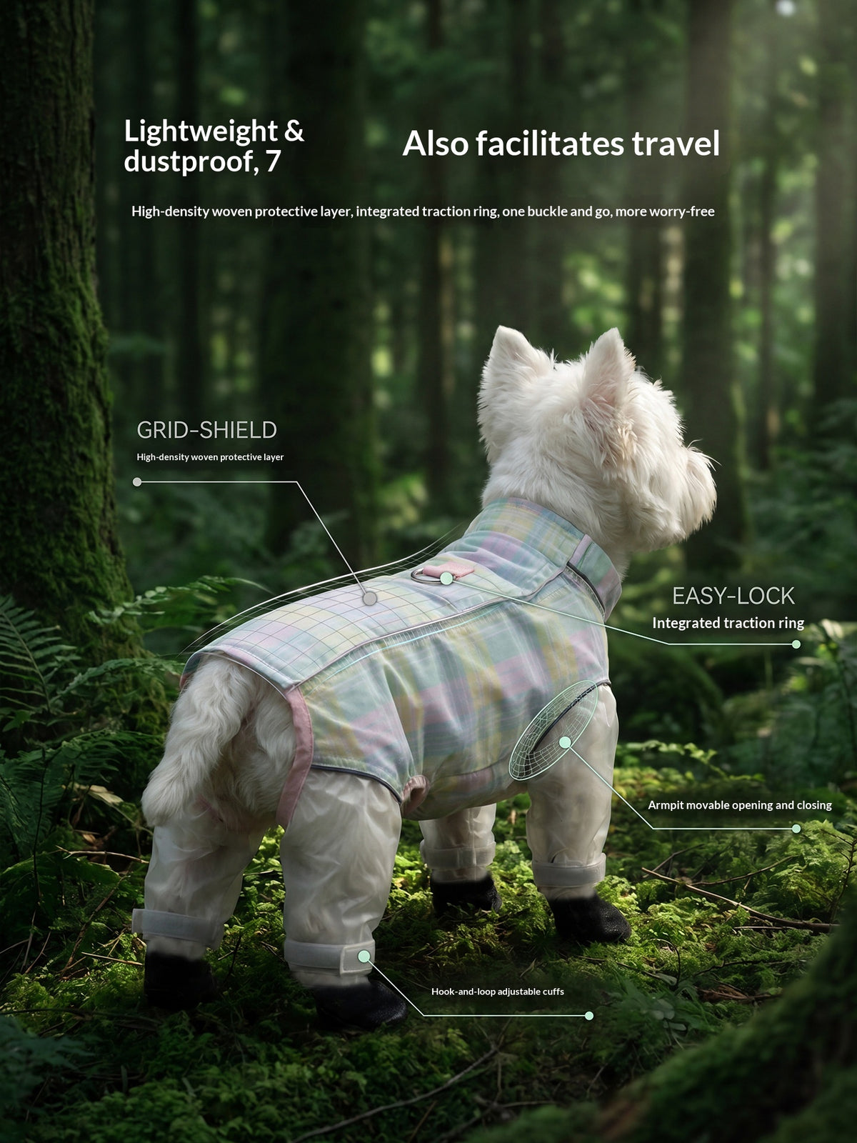 Dog dustproof pants, plaid leash, spring/summer, full-coverage, footed, outdoor, dirt-proof, waterproof pet clothing