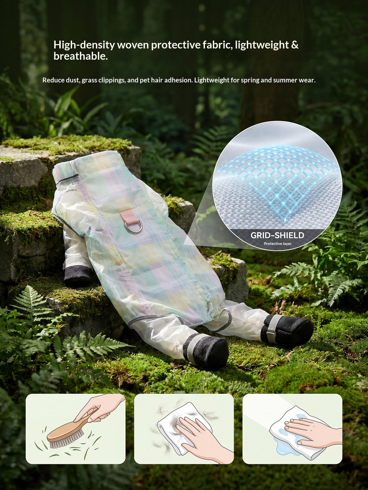 Dog dustproof pants, plaid leash, spring/summer, full-coverage, footed, outdoor, dirt-proof, waterproof pet clothing