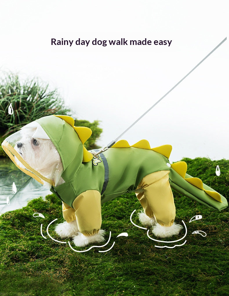 Rainy day four-legged waterproof 3D dinosaur tail dog Teddy dog raincoat medium and large dog Golden Retriever pet raincoat