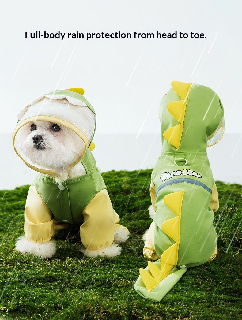 Rainy day four-legged waterproof 3D dinosaur tail dog Teddy dog raincoat medium and large dog Golden Retriever pet raincoat
