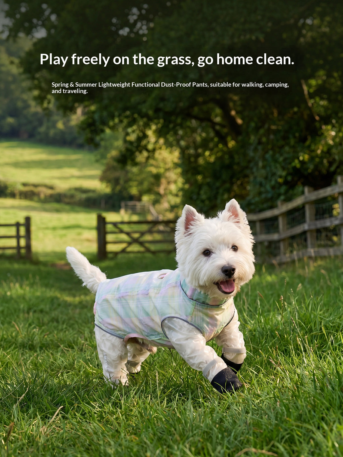 Dog dustproof pants, plaid leash, spring/summer, full-coverage, footed, outdoor, dirt-proof, waterproof pet clothing