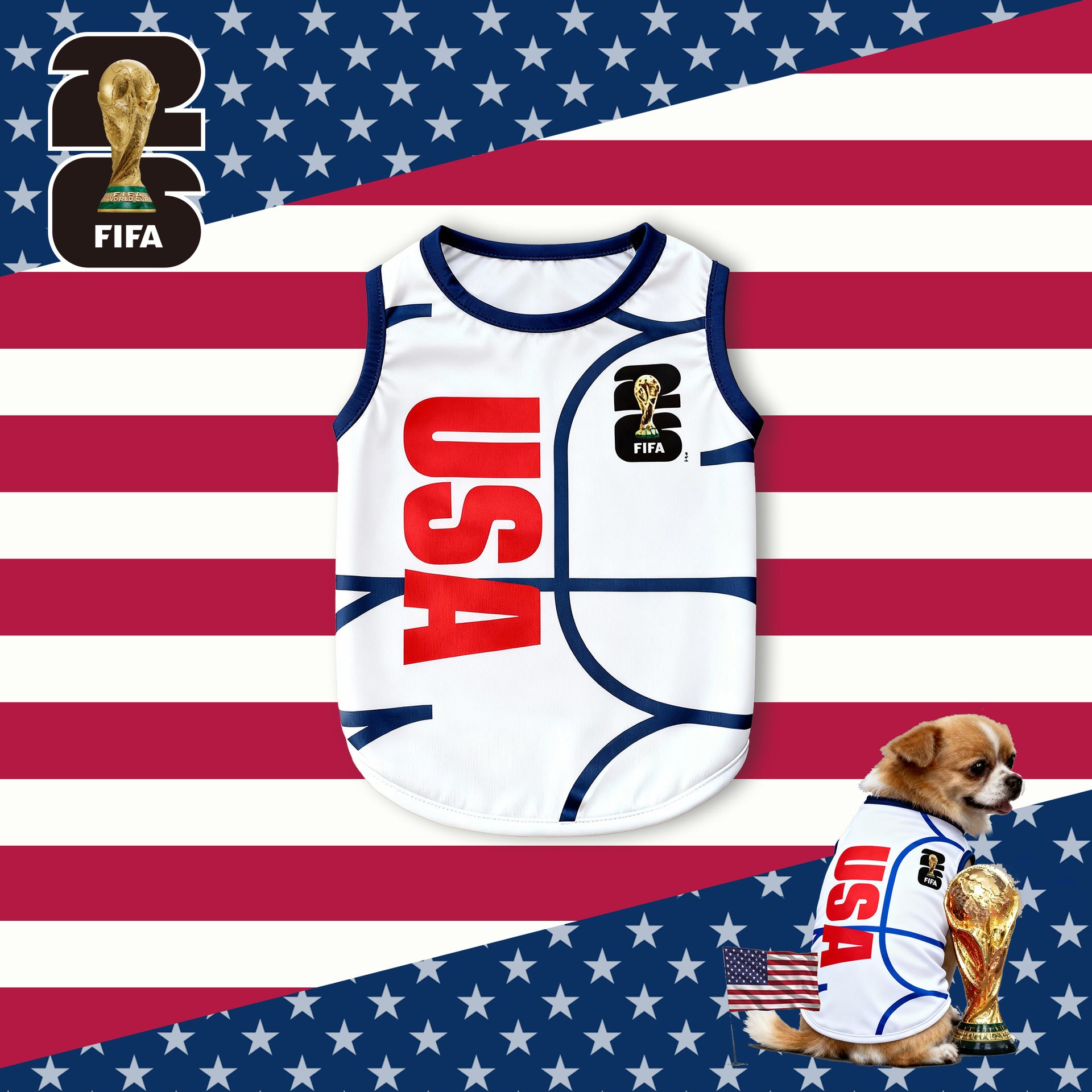 FIFA officially licensed pet supplies, comfortable dog clothes and T-shirts in various sizes from different countries to support the World Cup