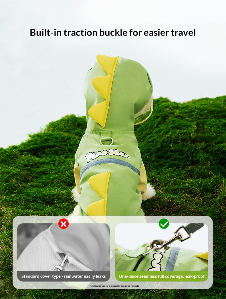 Rainy day four-legged waterproof 3D dinosaur tail dog Teddy dog raincoat medium and large dog Golden Retriever pet raincoat