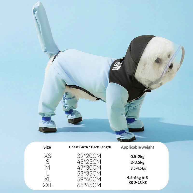 Rainy day four-legged waterproof 3D dinosaur tail dog Teddy dog raincoat medium and large dog Golden Retriever pet raincoat