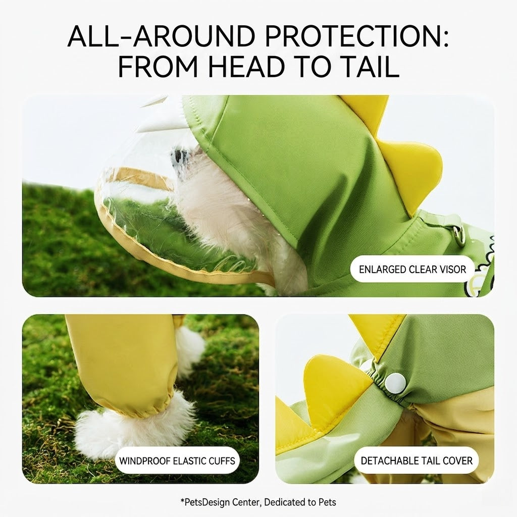 Rainy day four-legged waterproof 3D dinosaur tail dog Teddy dog raincoat medium and large dog Golden Retriever pet raincoat