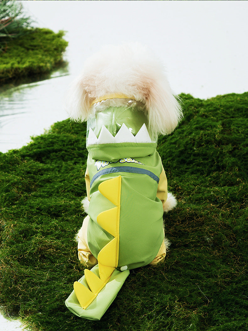 Rainy day four-legged waterproof 3D dinosaur tail dog Teddy dog raincoat medium and large dog Golden Retriever pet raincoat