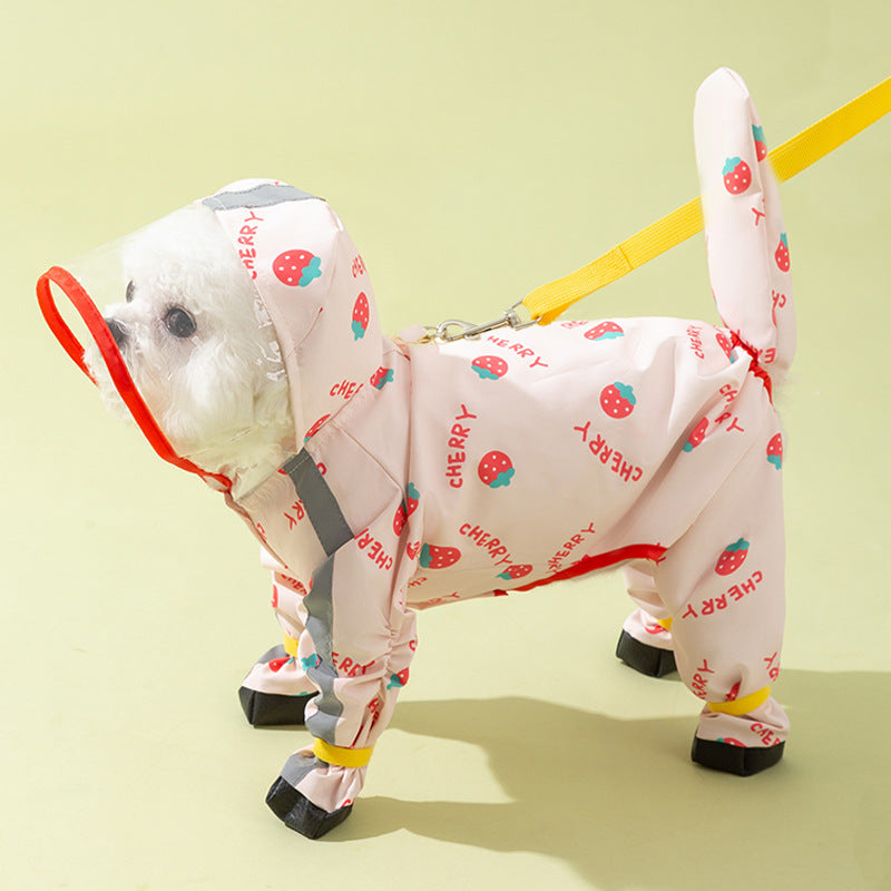 Rainy day four-legged waterproof 3D dinosaur tail dog Teddy dog raincoat medium and large dog Golden Retriever pet raincoat