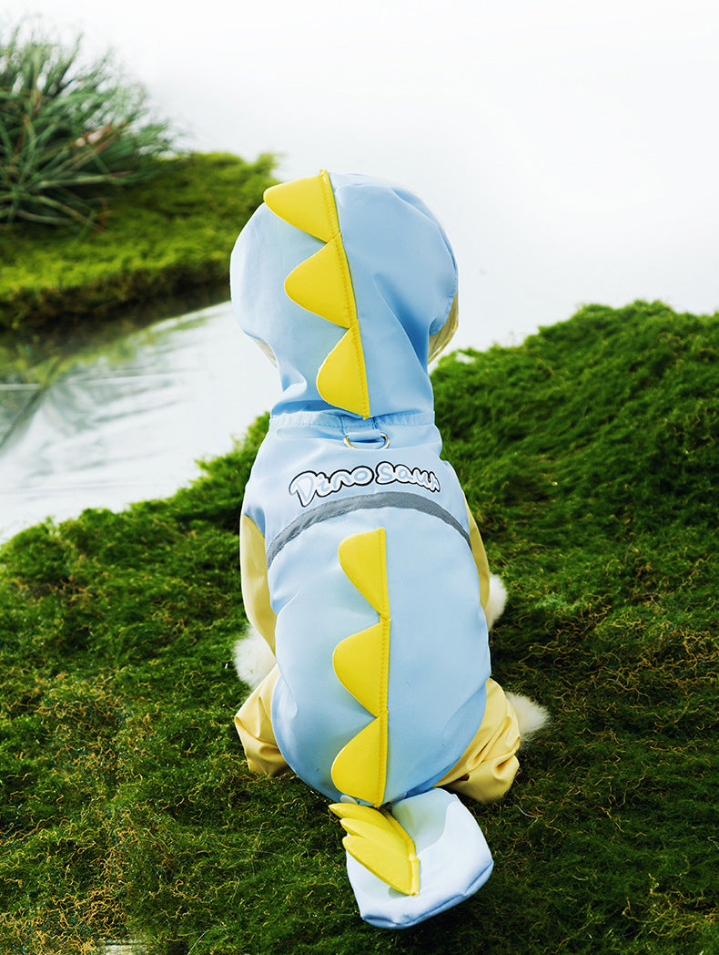Rainy day four-legged waterproof 3D dinosaur tail dog Teddy dog raincoat medium and large dog Golden Retriever pet raincoat