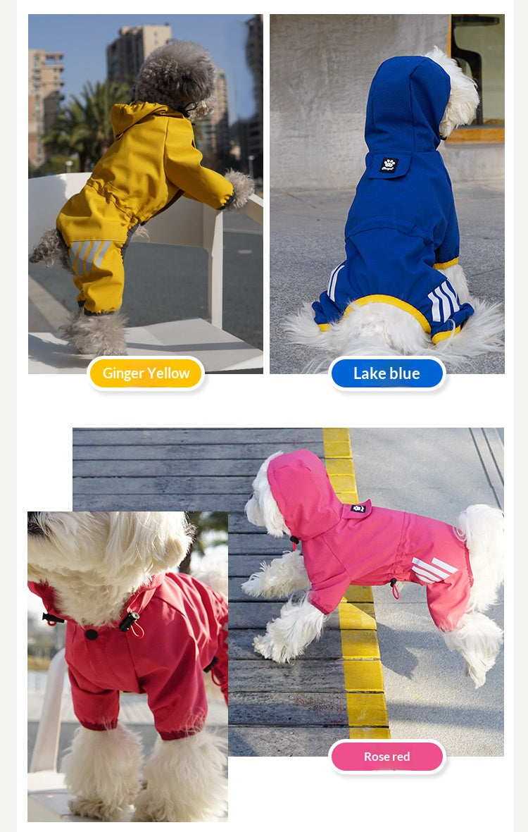 Factory direct customization of outdoor waterproof four-legged dog raincoats, OEM and private label hooded dog clothes