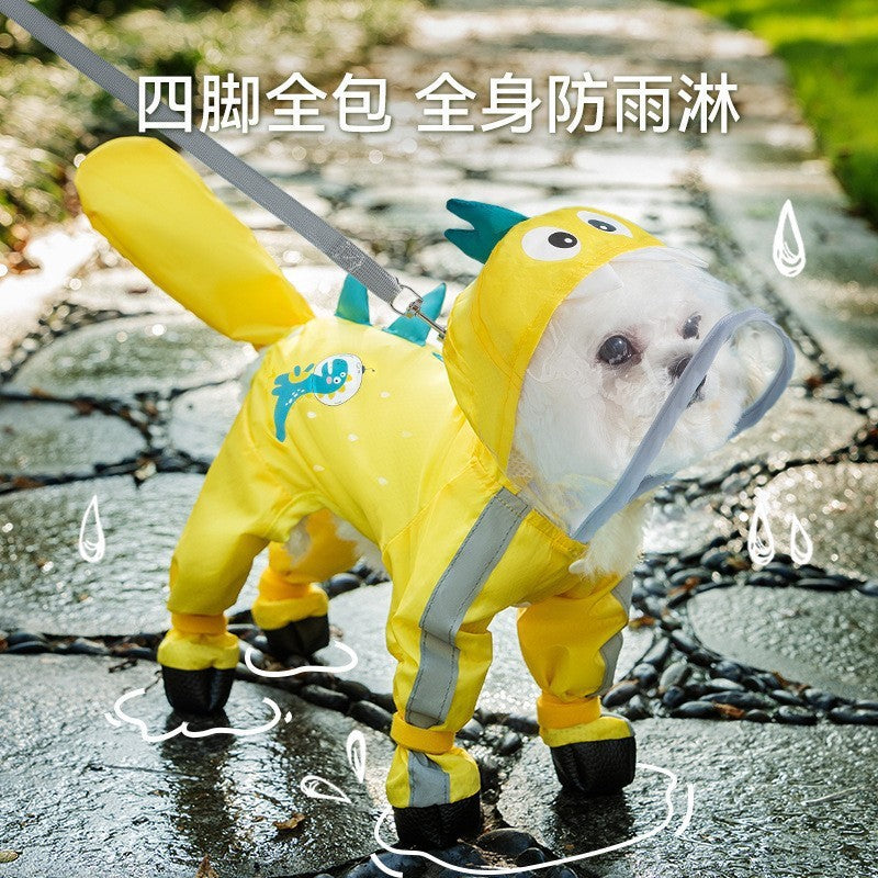 Rainy day four-legged waterproof 3D dinosaur tail dog Teddy dog raincoat medium and large dog Golden Retriever pet raincoat