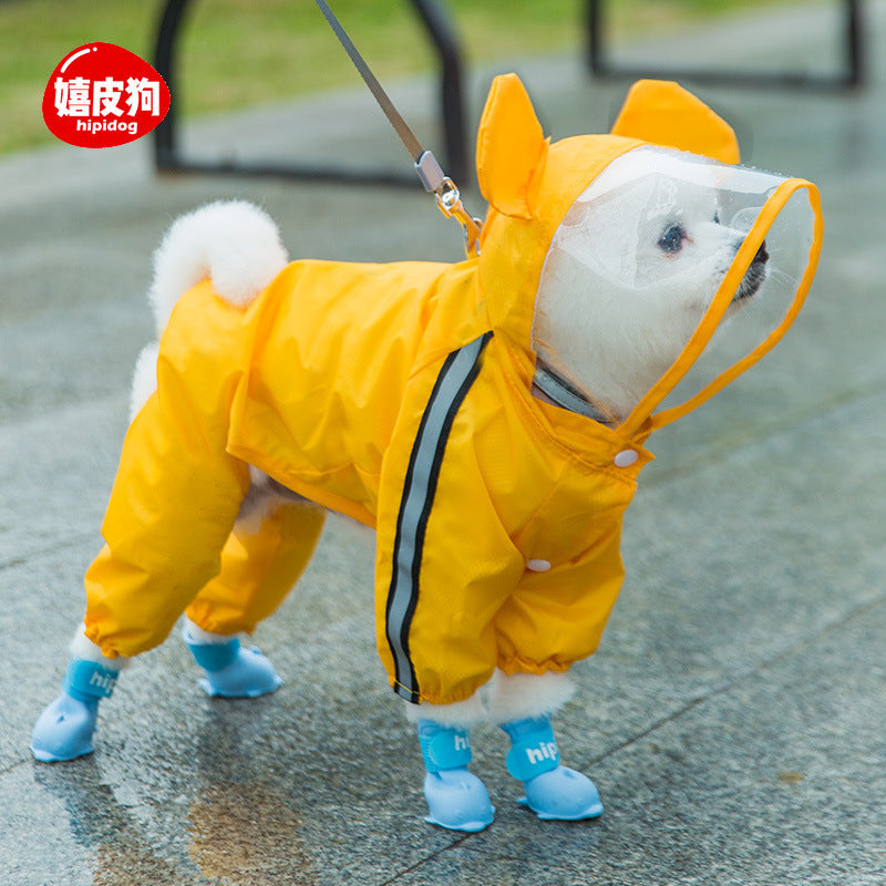Rainy day four-legged waterproof 3D dinosaur tail dog Teddy dog raincoat medium and large dog Golden Retriever pet raincoat
