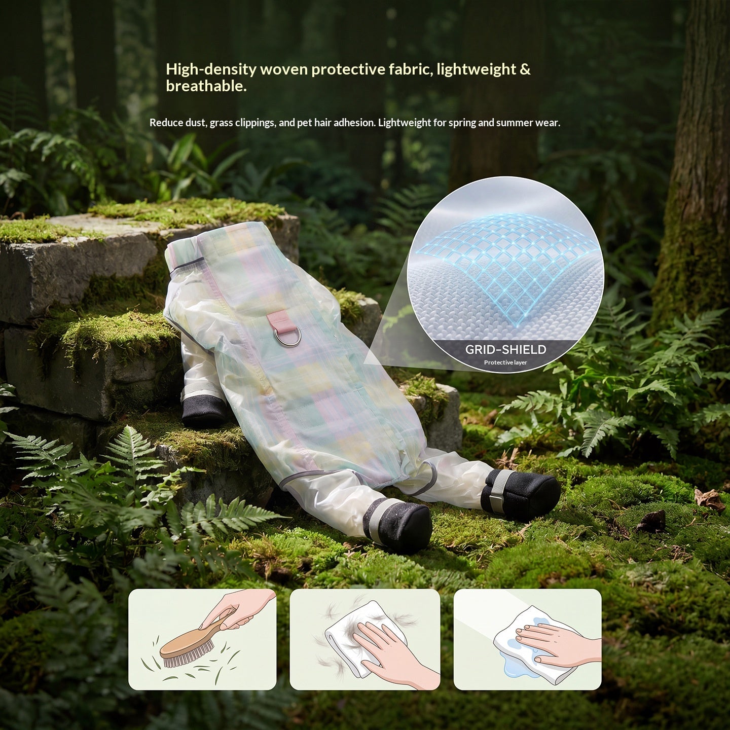 Dog dustproof pants, plaid leash, spring/summer, full-coverage, footed, outdoor, dirt-proof, waterproof pet clothing