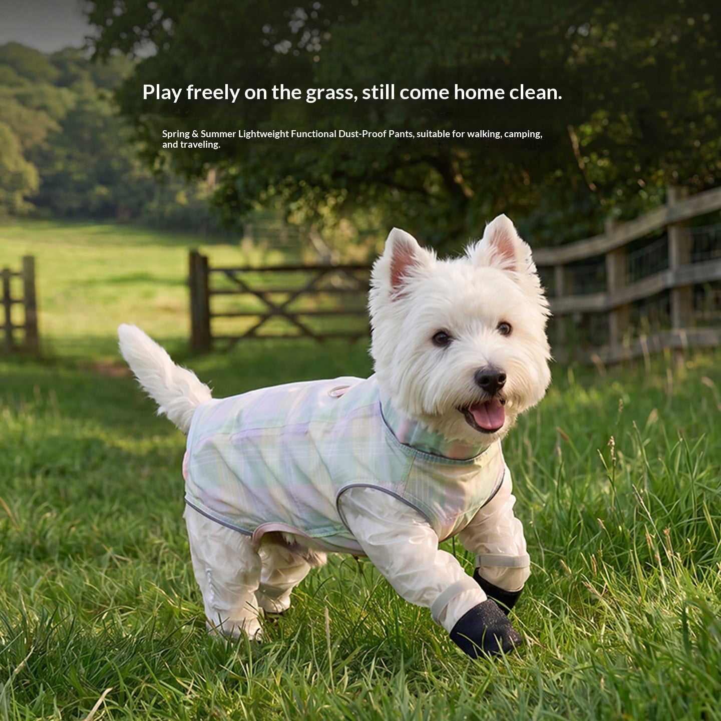 Dog dustproof pants, plaid leash, spring/summer, full-coverage, footed, outdoor, dirt-proof, waterproof pet clothing