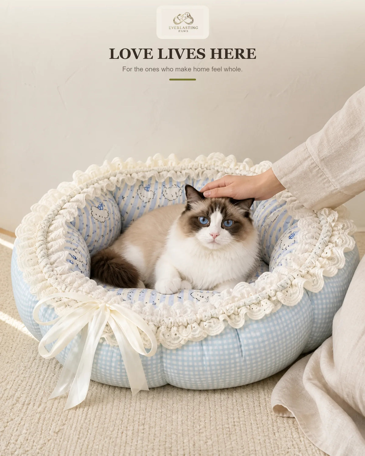 Blue Puppy Print Gingham Pet Bed with soft cat nap nest for a pampered pet