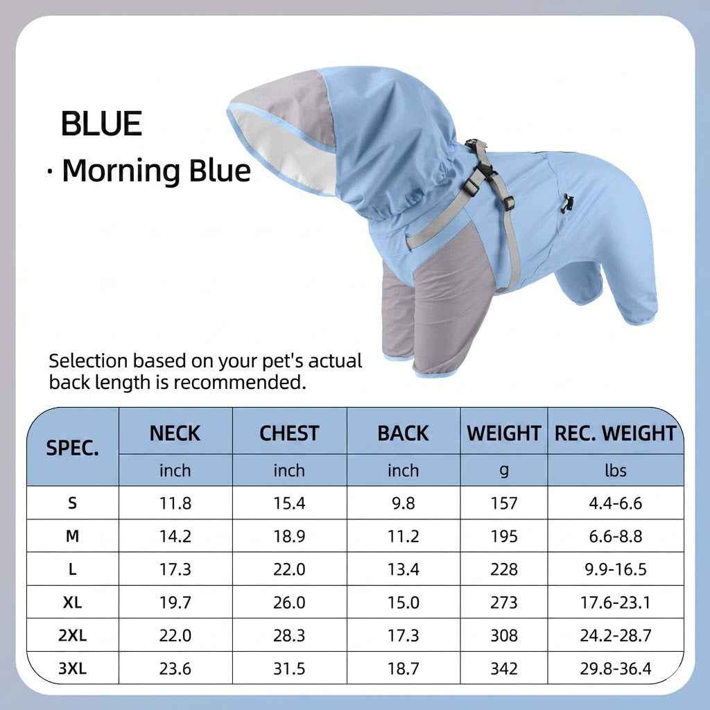 Blue waterproof dog raincoat, full coverage outdoor clothing for dogs in rainy weather - Everlasting Paws