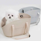 Cream pet bag lifestyle scene, cozy indoor usage image for a pet carrier bag - Everlasting Paws