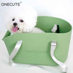 Green pet bag with pet inside, comfortable travel bag shown in a home setting - Everlasting Paws