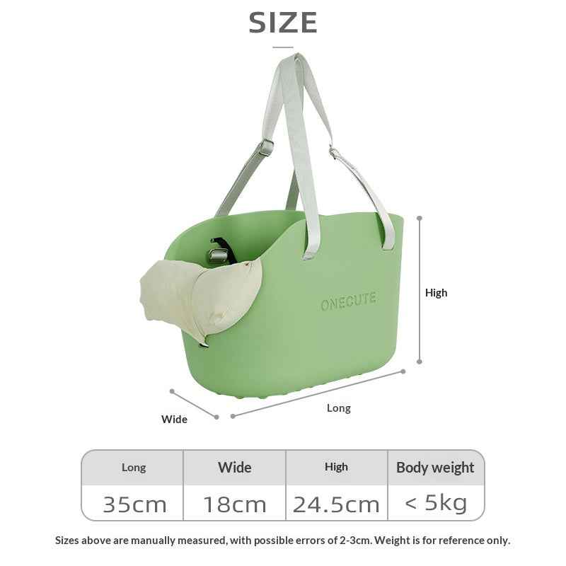 Hanging green pet bag, product image showing strap and carrying design - Everlasting Paws