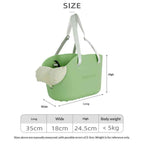 Hanging green pet bag, product image showing strap and carrying design - Everlasting Paws