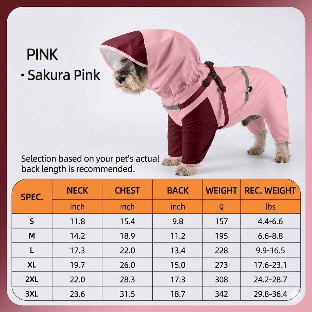 Red dog raincoat size chart, sizing guide for choosing waterproof pet clothing - Everlasting Paws