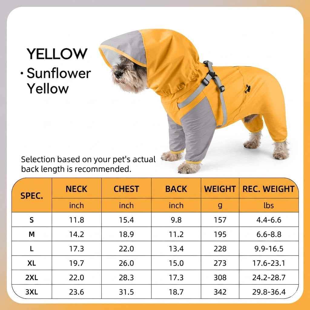Yellow dog raincoat size chart, measurement guide for waterproof dog clothing - Everlasting Paws