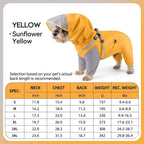 Yellow dog raincoat size chart, measurement guide for waterproof dog clothing - Everlasting Paws